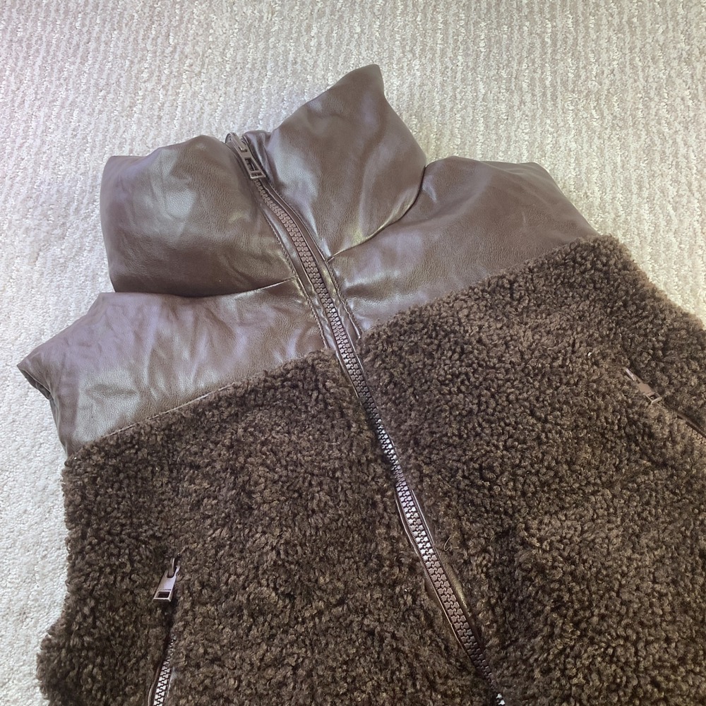 Lamarque Womens Brown Leather Sherpa Puffer Vest Size M